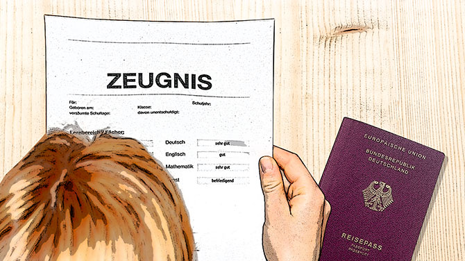 Bild im Comic-Stil: ein Schulabschlusszeugnis und ein deutscher Pass.